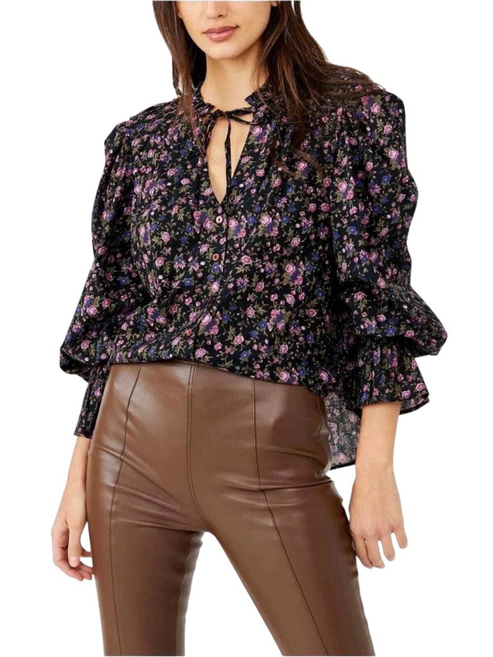 Free People Meant To Be Tie-Neck Blouse in Black Floral Top Long Sleeve